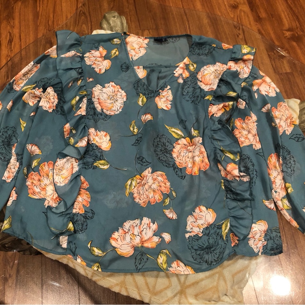 Kaari Blue Curvy Floral Ruffle V-Neck Blouse Teal Peach Plus Size 2X